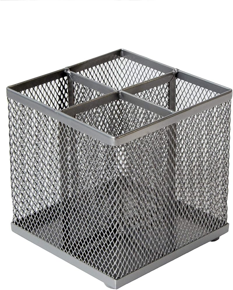 Osco Silver Wiremesh Square Pen Pot 4 Compartment Desk Tidy