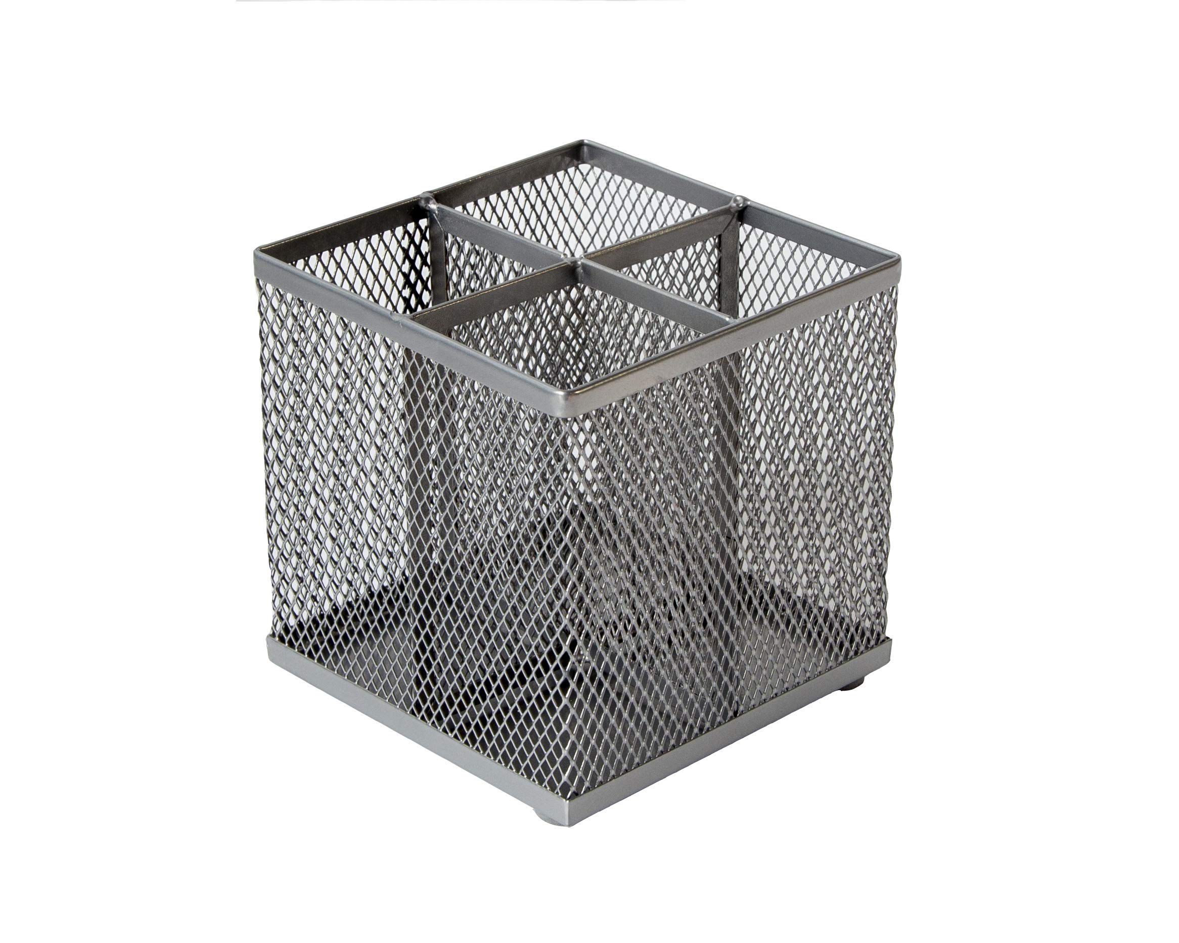OSCO Silver Wiremesh Square Pen Pot, 4 Sections Pencil Holder, Desk Tidy Office Organiser, Makeup Brush Holder Cosmetics Display, Metal Mesh Organiser, H10.5 x W10 x D10 cm, Single, Silver