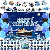 NlSIFU 59 Pcs Nautical Birthday Party Supplies, Ocean Themed Party Decoration with Backdrop, Balloons, Cake Cupcake Topper
