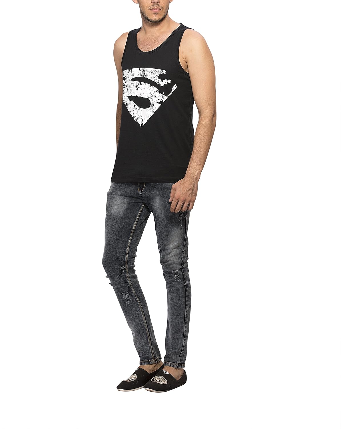 alan jones mens cotton black printed vest