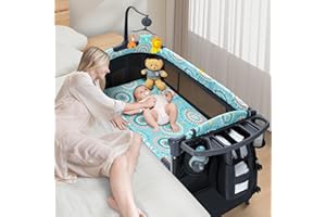 CoziBB Baby Bassinet Bedside Crib 5 in 1 with Detachable Changing Table, Pack and Play with Mattress, Storage, Music and 3 Adjustable Height, Portable Large Playard for Newborn Baby