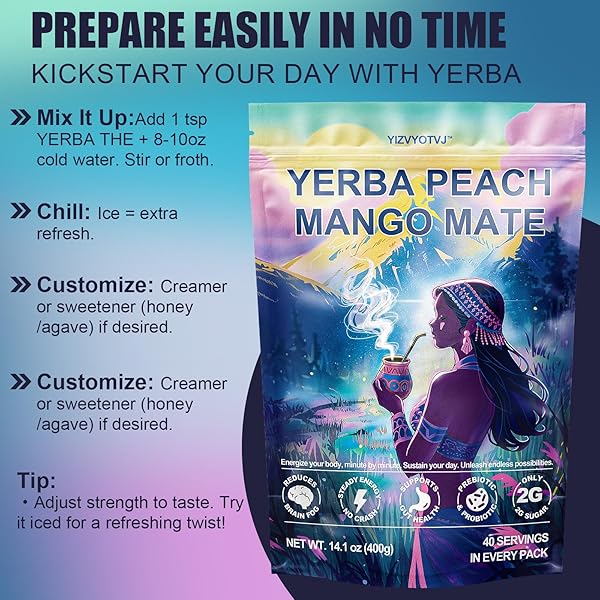 40 SERVINGS (14.1OZ) YERBA MATE INSTANT TEA POWDER, 3-IN-1 PEACH MANGO FLAVORED LOW SUGAR SUPER DRINK TO SUPPORT ENERGY & FOCUS WITH PREBIOTICS AND PROBIOTICS