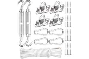 LAKINGO Sun Shade Sail Hardware Kit 6 Inch Heavy Duty 304 Stainless Set for Triangle & Rectangle Outdoor Patio Canopy Garden Installation, 42 Pcs Includes 40 Ft Ropes