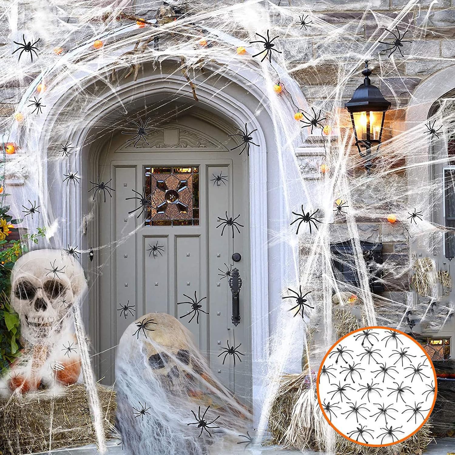 Halloween Spider Web, 200 g Spider Web +40 Black Fake Spiders, Extendable Spider Web, Halloween Decoration for Home Decoration