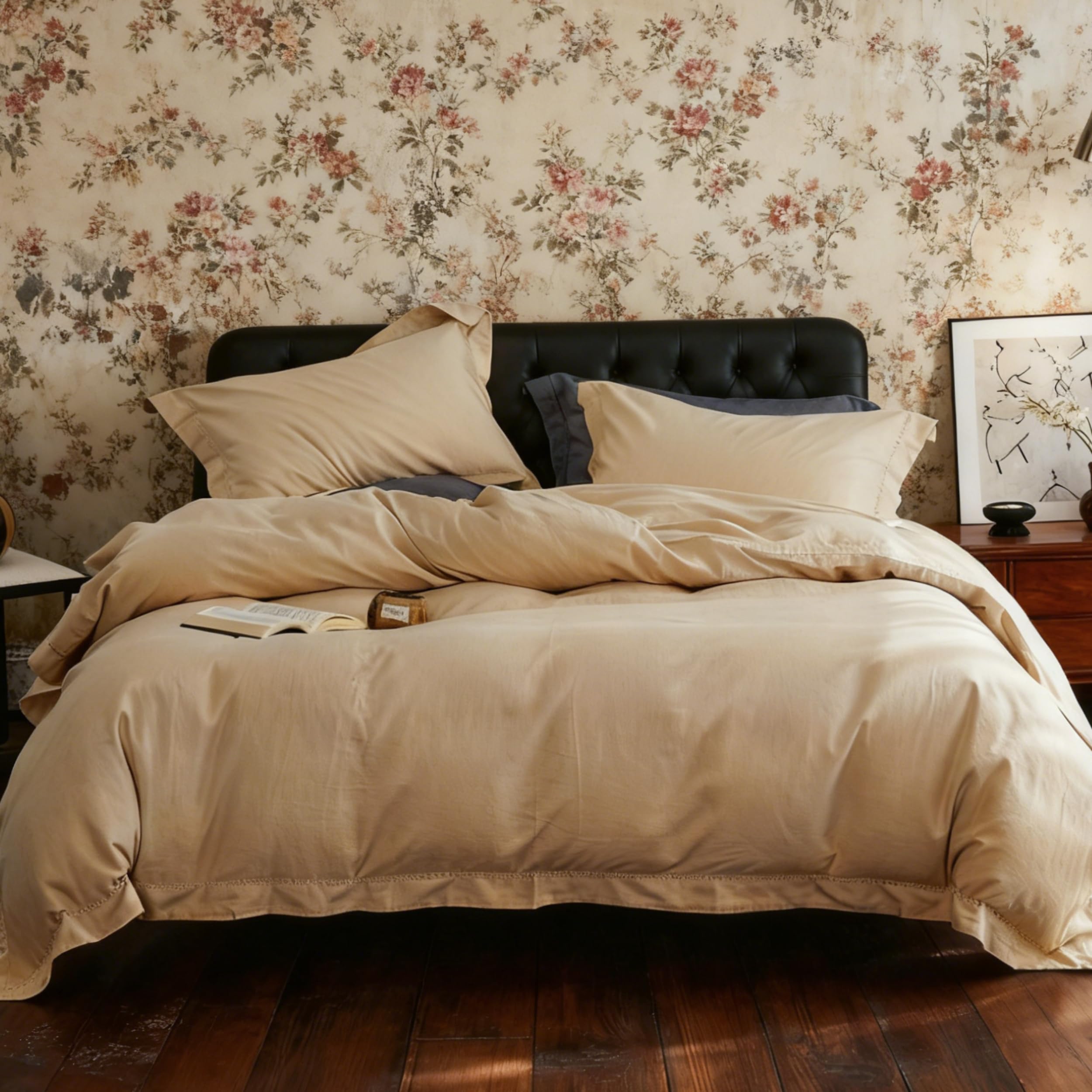 Simple&Opulence Double Size Duvet Cover Sets,55% Linen 45% Cotton Blend,Cozy Breatherable Embroidery Design Elegant Bedding Set,200cm x 200cm,Natural Linen