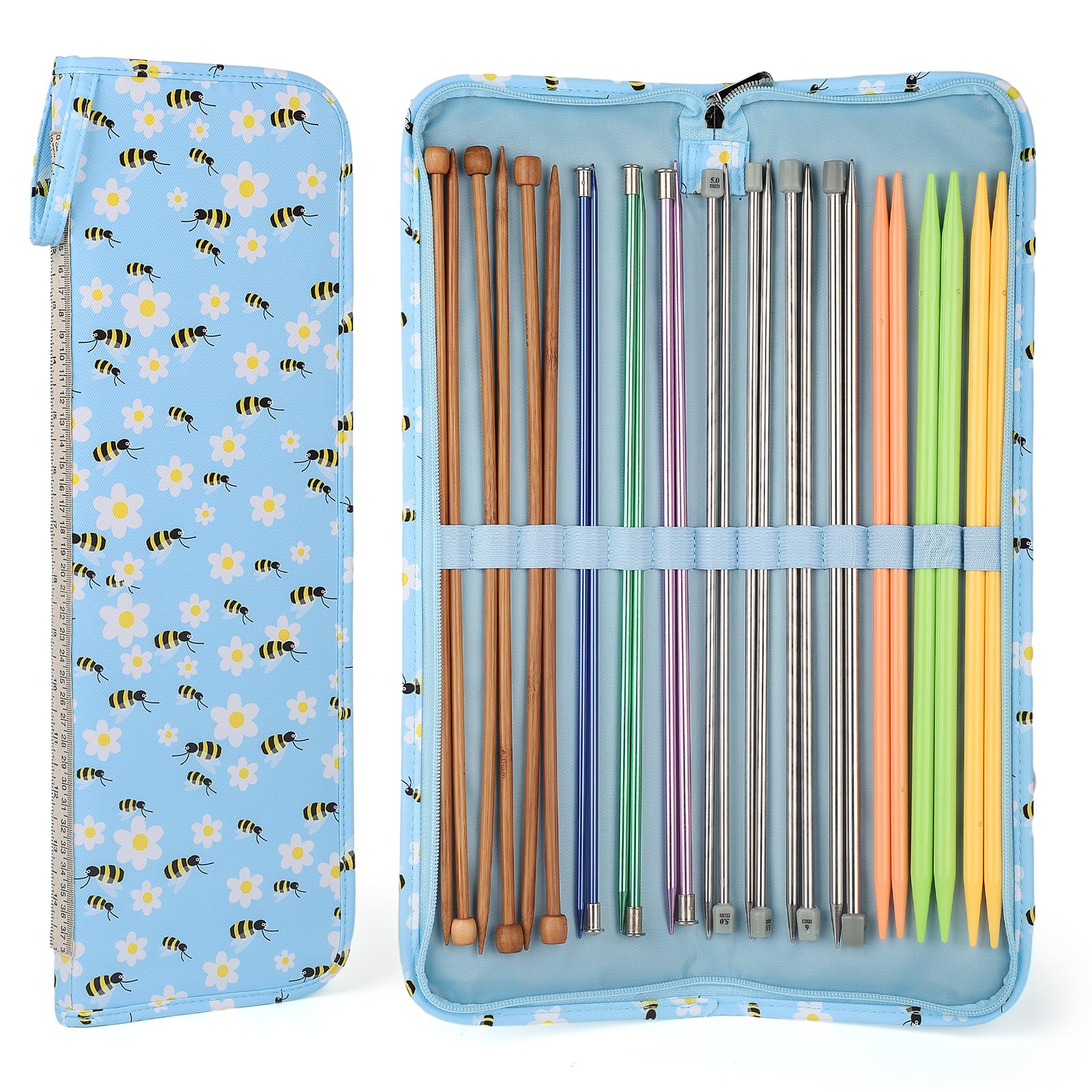Aeelike Knitting Needle Case 40cm, Portable Knitting Needle Storage Case, Knitting Needle Holder Case for Long Needles, Blue Bee