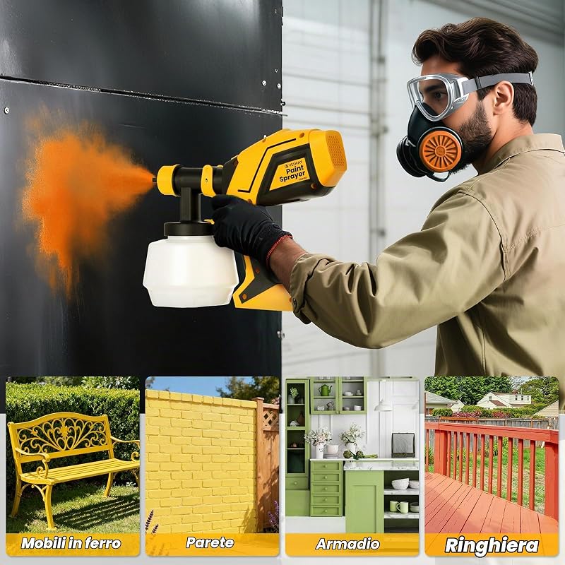 Pistola a Spruzzo, 600W HVLP Spruzzatore Elettrico con Serbatoio da 1200ML, 5 Ugelli & 3 Modelli - Ideale per Pareti, Mobili, Recinzioni, Interni ed Esterni Casa, Soffitti