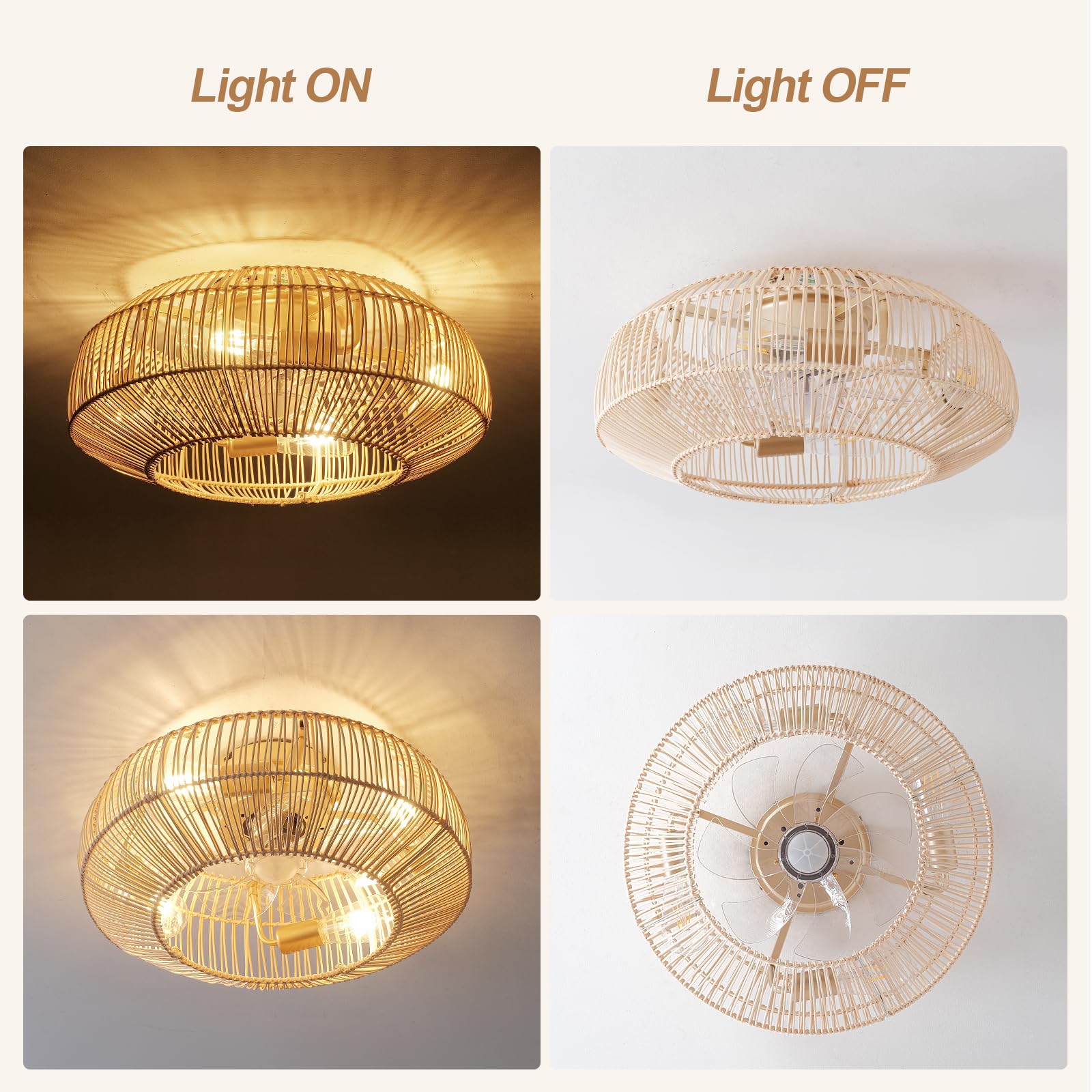 20'' Boho Rattan Ceiling Fan with Light, Coastal Caged Ceiling Fans with Lights and Remote Control, Enclosed Hidden Flush Mount with Reversible 6 Speeds for Living Room Bedroom Nursery