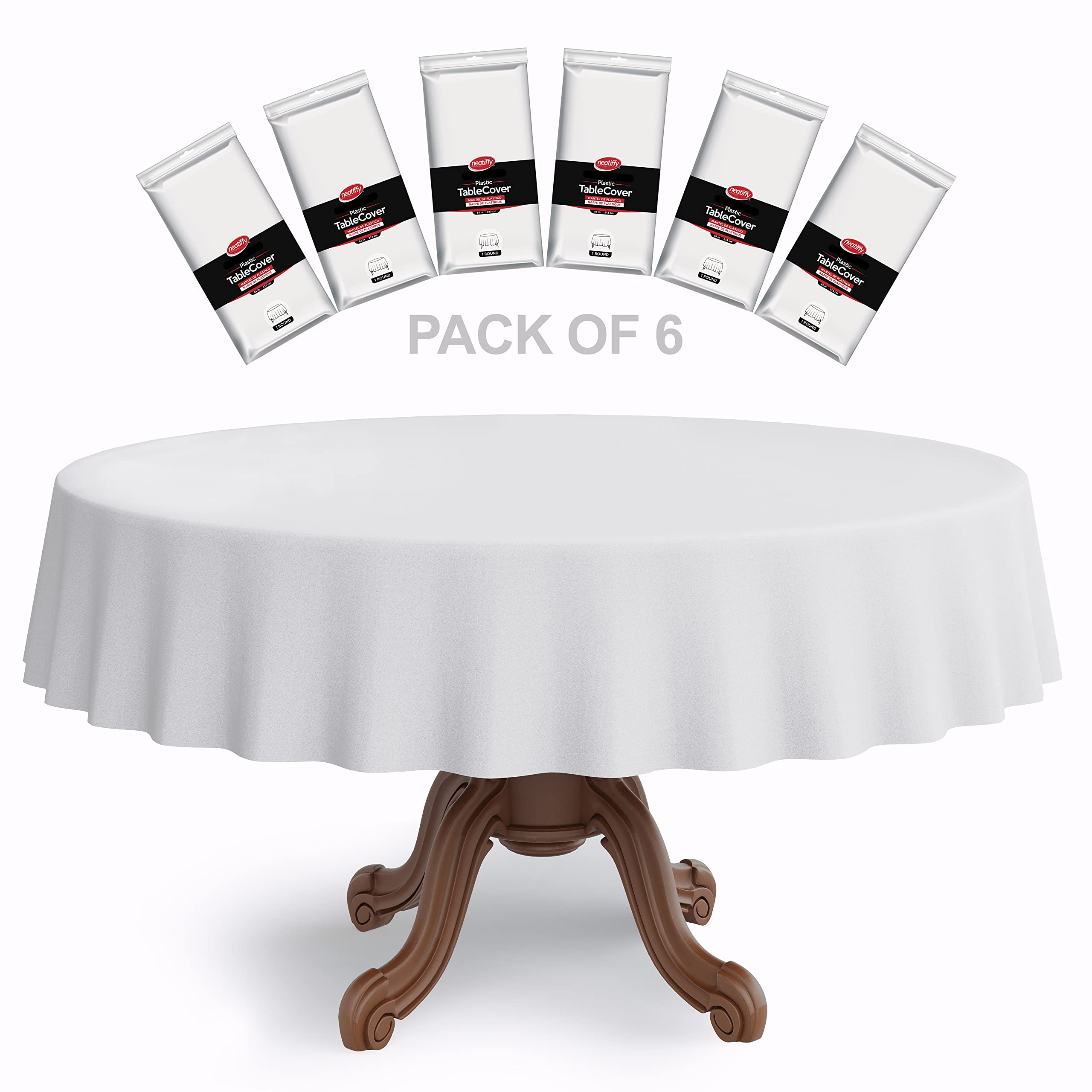 Neatiffy 84 Inch 6 Pack Round Plastic Table Cloth | Tablecloths for Picnic, Party, Banquet, Birthdays | Waterproof Disposable/Reusable Table Cover - White Round — image 1