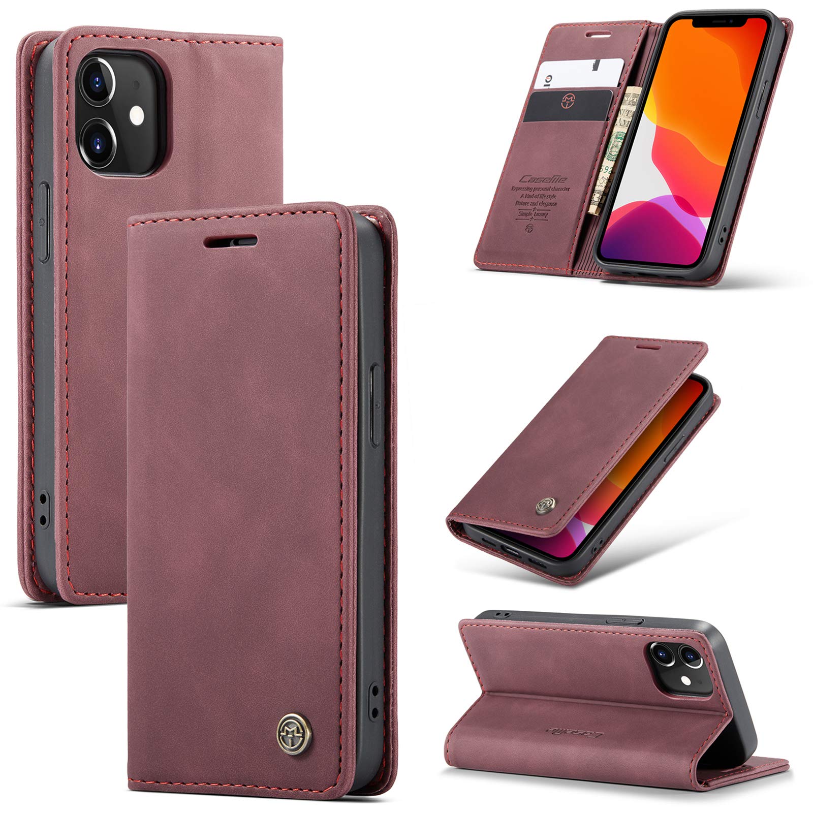 UFinetech Case for iPhone 12, Shockproof Anti-scratch Cover Compatible with iPhone 12 (6.1”), Leather TPU Slim Soft Flip Folio Magnetic Closure Kickstand Card Holder Wallet Camera Protector, Red — image 1
