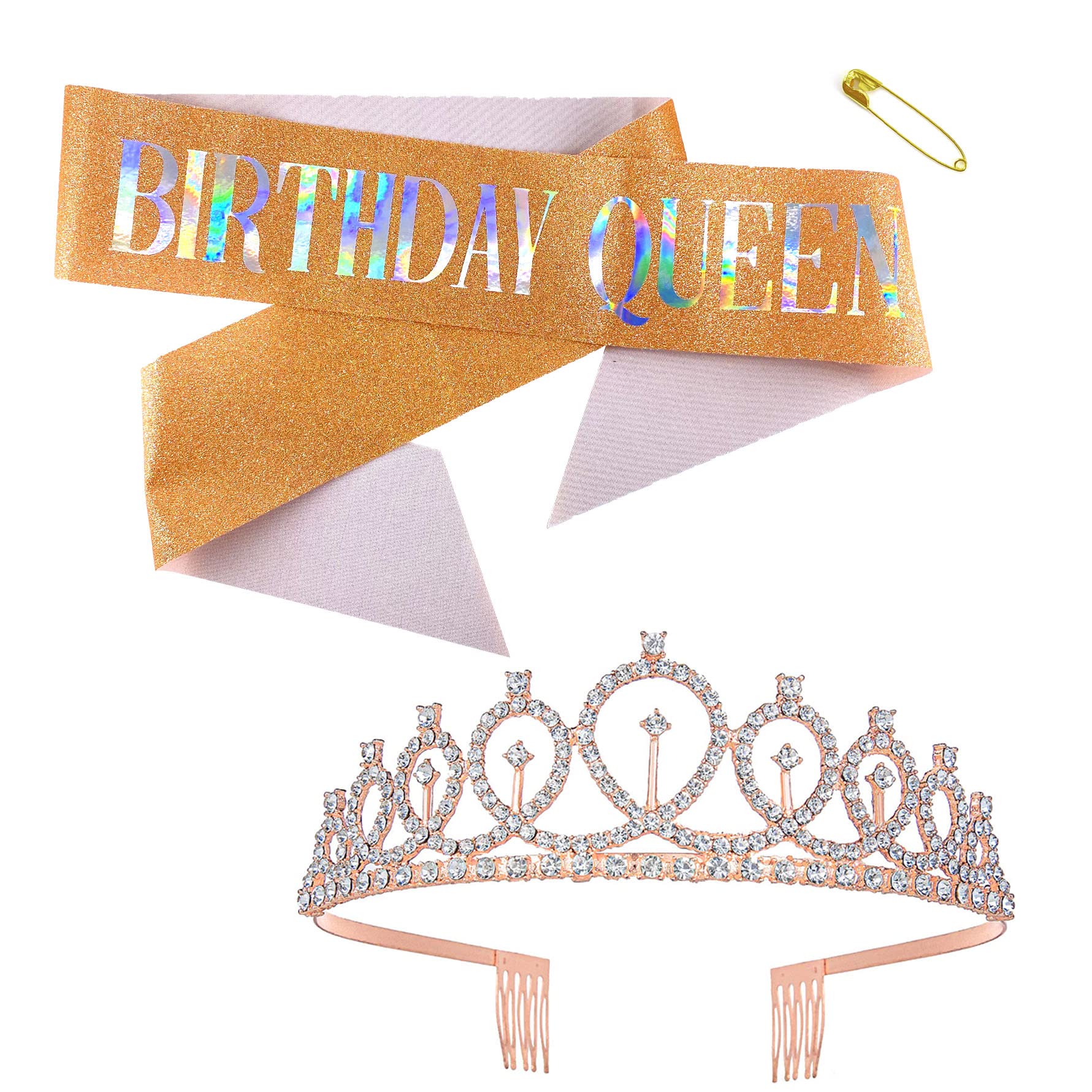 Sugamm Birthday Tiaras and Sash Rose Gold Queen Tiara Princess Crown Headband Decor Set Glitter Crystal Hair Accessories Rhinestone for Women Wedding Party, Multicolor