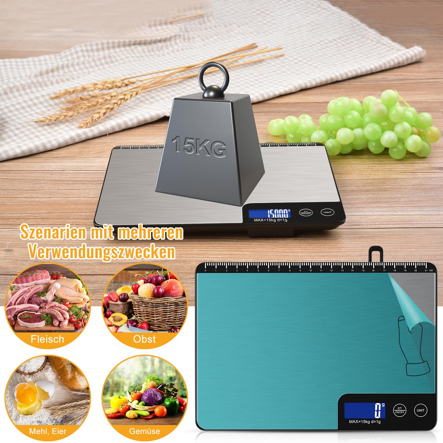 15kg Digitale Küchenwaage mit Lineal, Diyife Professionelle Digital Electronische Waage, Haushaltswaage aus Edelstahl, LCD-Anzeige, aufhängbar, 6 Einheiten, Tara-Funktion, mit Batterien 6