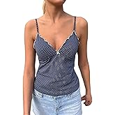 Women Y2k Polka Dot Cami Top Lace Trim V Neck Spaghetti Strap Camisole Dots Print Aesthetic Tank Top