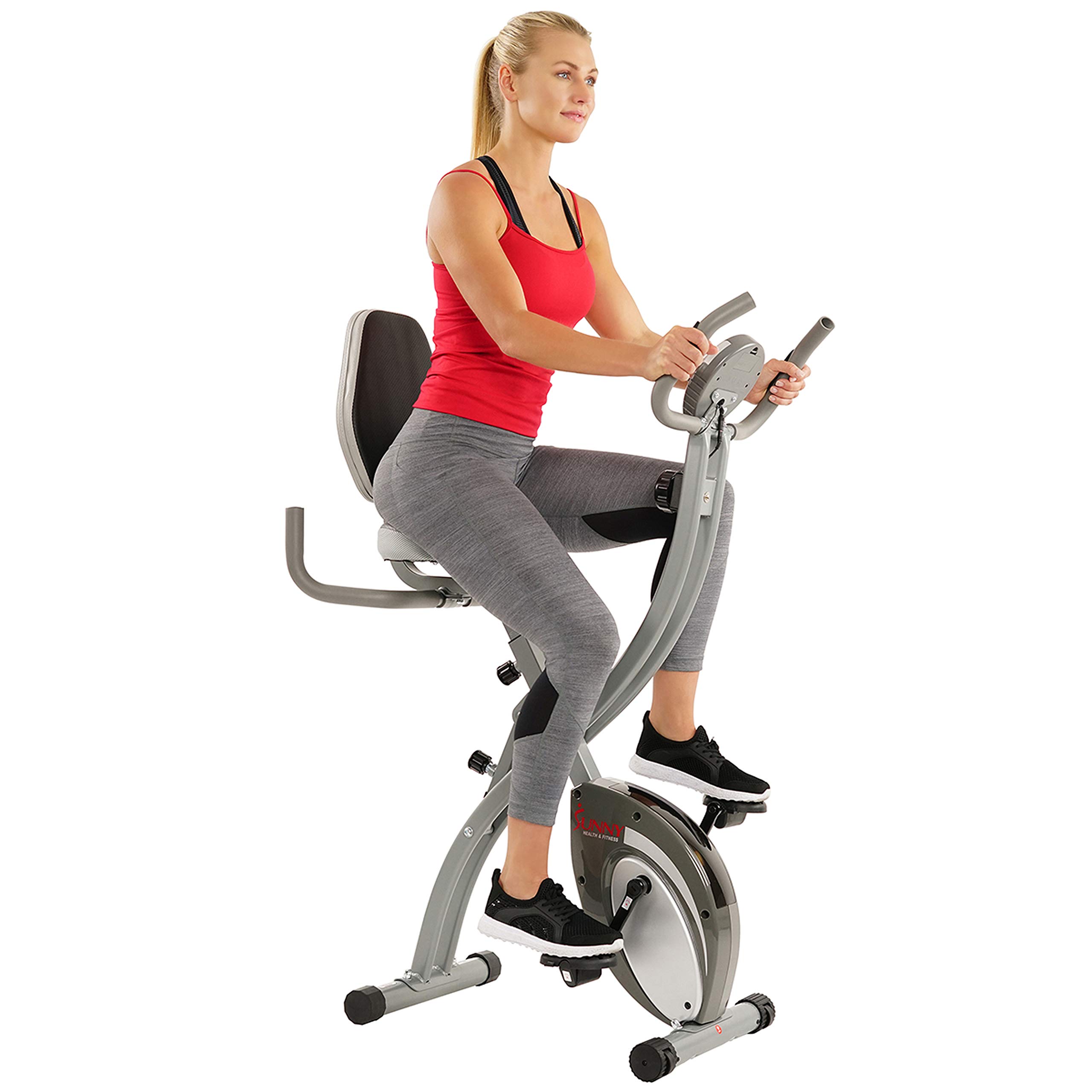 sunny health & fitness comfort xl ultra cushioned seat folding exercise bike with device holder