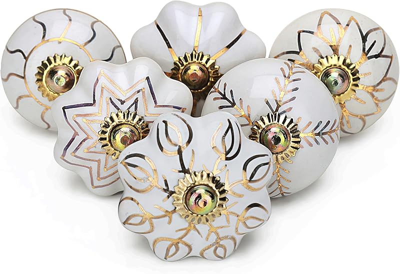 Craft Trade White Gold Ceramic Door Knobs 2.5 Inch Set 6 Includes Screws