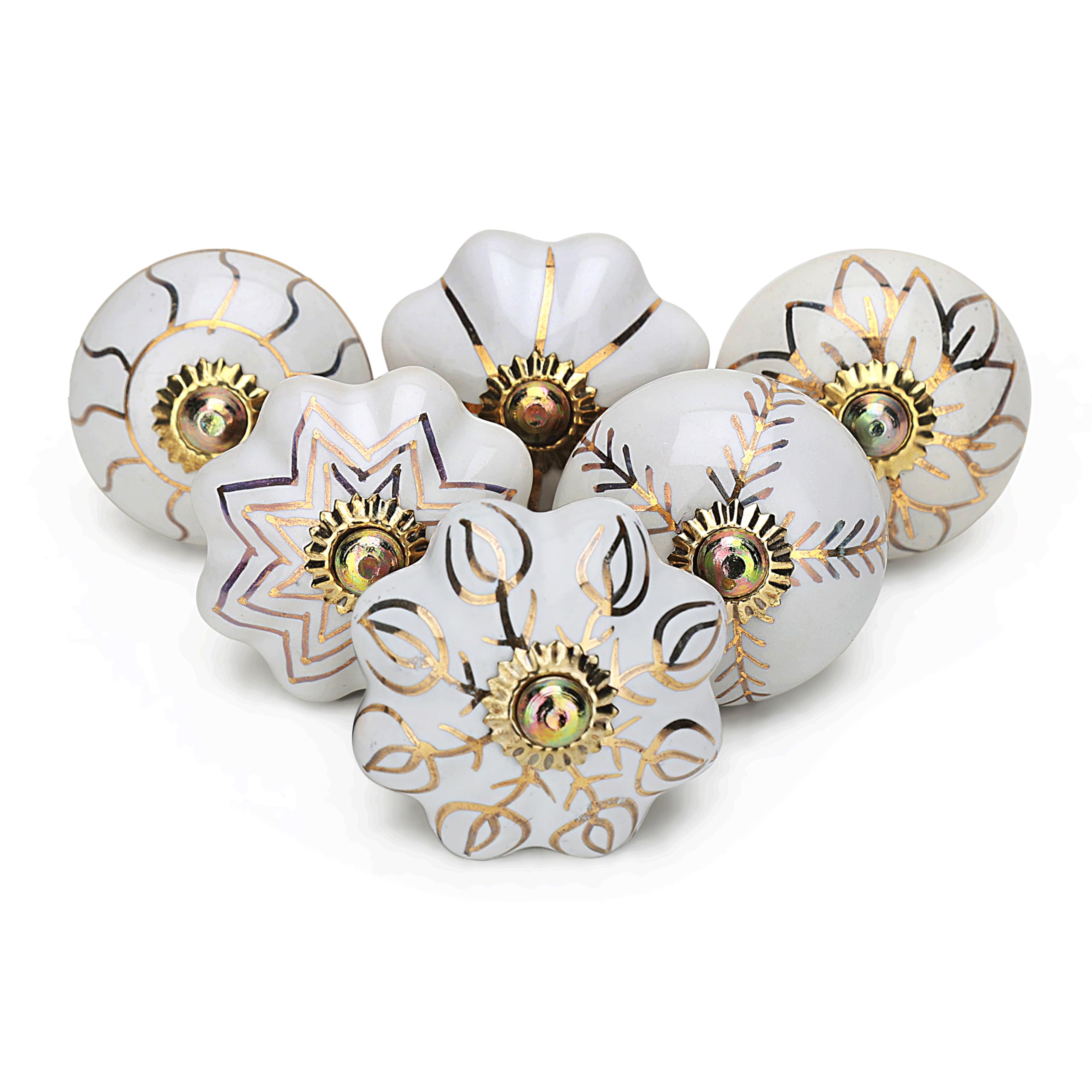 Craft Trade Gold White Door Cabinet Knobs for Dresser Drawer Vintage Closet Ceramic Knob Pull Handles Cupboard Wardrobe Knobs for Kitchen Furniture Home Décor - Pack of 06