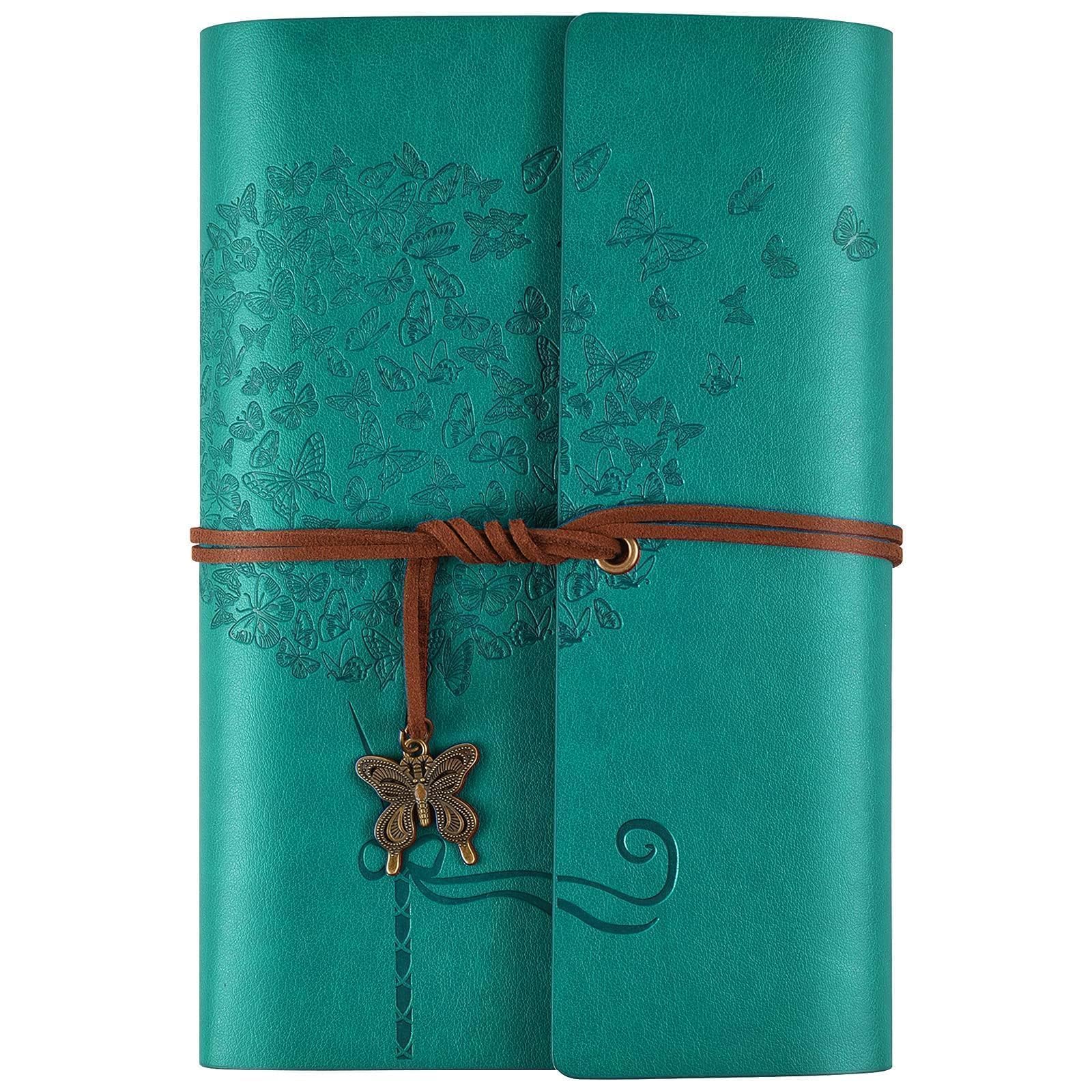 OMEYA Leather Journal Notebook, travel journals for women, refillable butterfly notebook lined personal diary writing notebook gifts A6 12.9 x 18.5cm (blue)