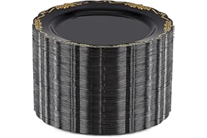 DaYammi 60PCS Black and Gold Plastic Plates, Heavy Duty Black and Gold Disposable Plates Premium 7.5 inch Black Dessert Cake Salad Appetizer Plates Hard Plastic Plates Disposable for Halloween Party