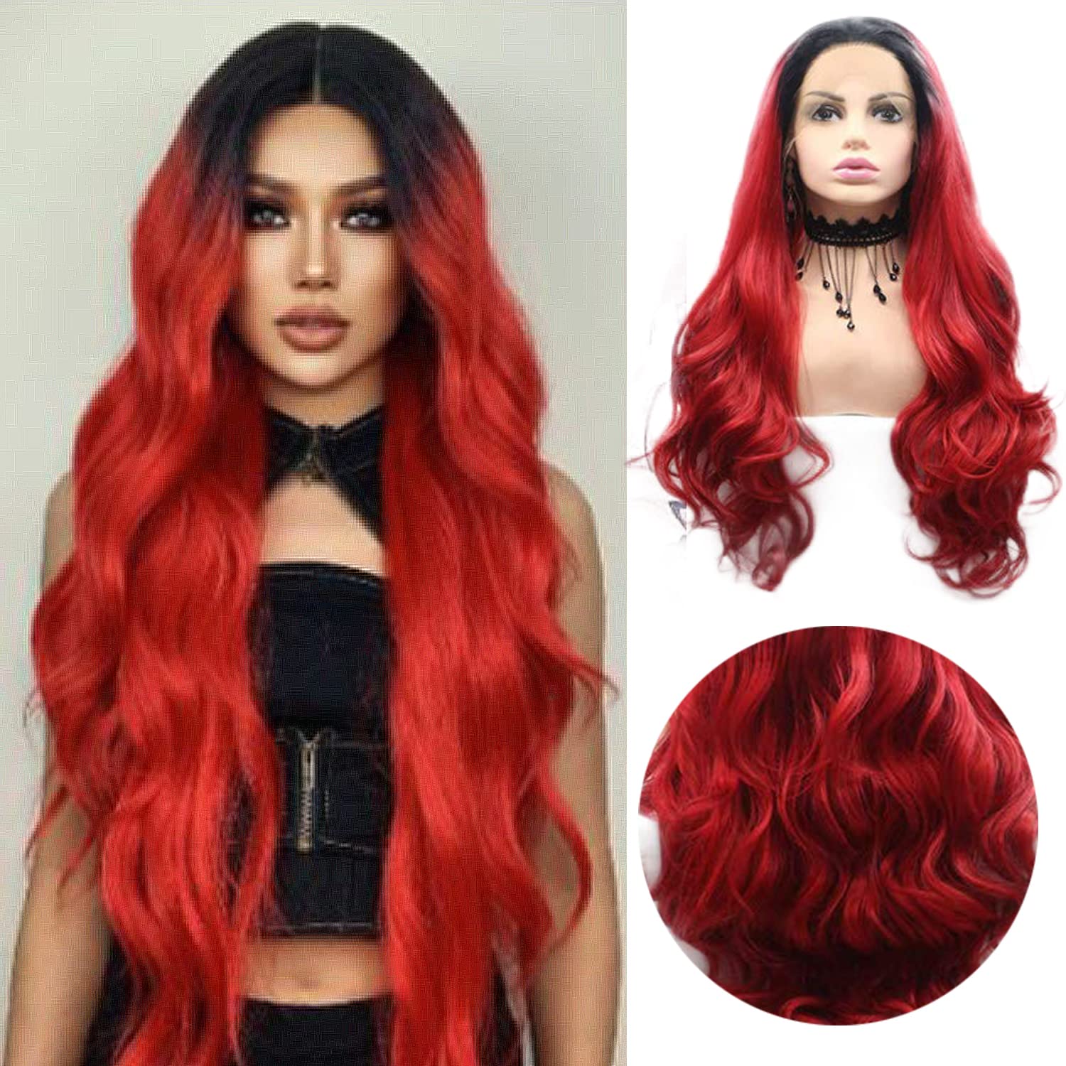 Red Lace Front Wig Long Wavy Colorful Wigs for Black Women Ombre Pastel Red Free Part Realistic Synthetic Wig Natural Hairline Glueless Heat Resistant Fiber Hair Cosplay Costume Party Wig 24 Inch — image 1
