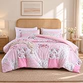 YIKUSH Pink Floral Full Comforter Set, Soft Lightweight All Season Bedding Set for Women Girls, Cozy Cottagecore Botanical Comforter Full Size with 2 Pillow Shams, Breathable Floral Bed Set