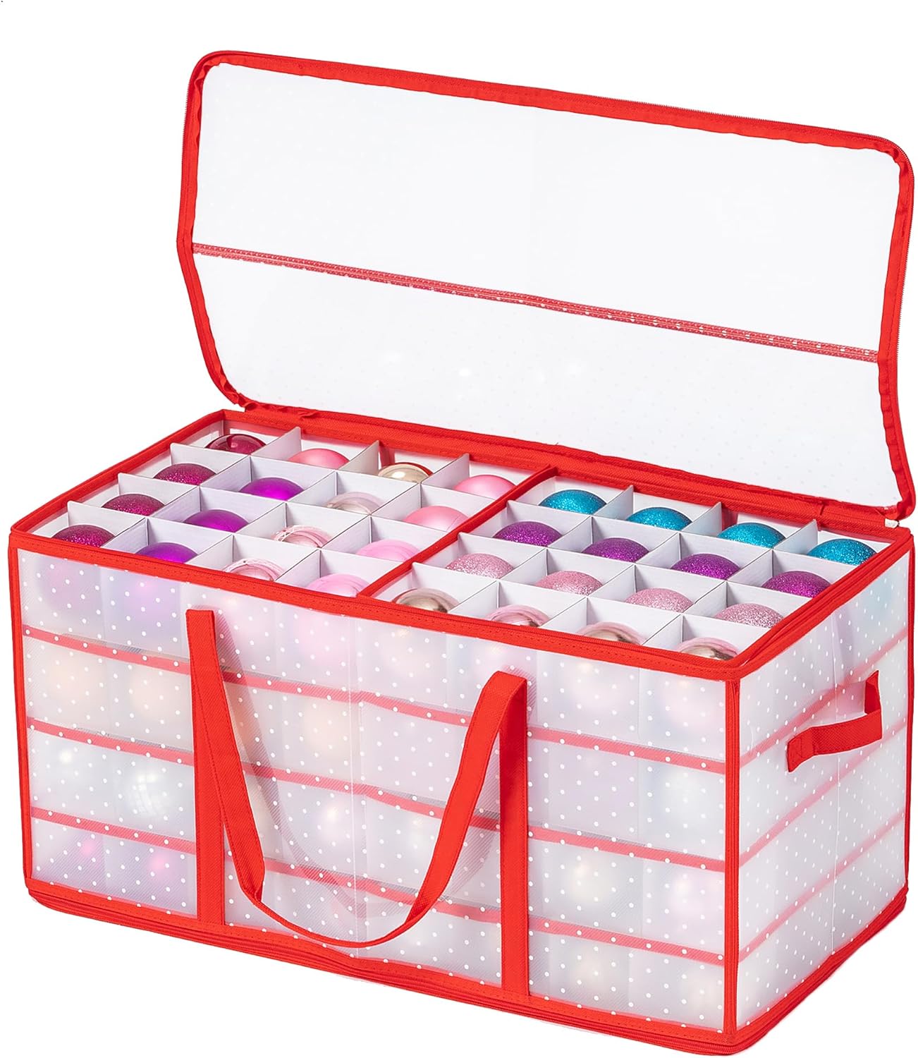 Holiday Décor Storage - DOVAMY Christmas Ornament Storage Containers with Adjustable Dividers, Plastic Ornament Storage Bin with Lids, Red Xmas Organizer and Decoration Storage for 128 Holiday Ornaments, Semi Transparent