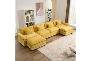 IPKIG 154" Sectional Sofa Cloud Couch, Chenille U-Shaped Couch Comfy Upholstered 4-Seat Sofa with 2 Ottoman, 4 Lumbar Pillow, Deep Seat Modular Couch for Living Room, Apartment, Studio, Yellow U-shape