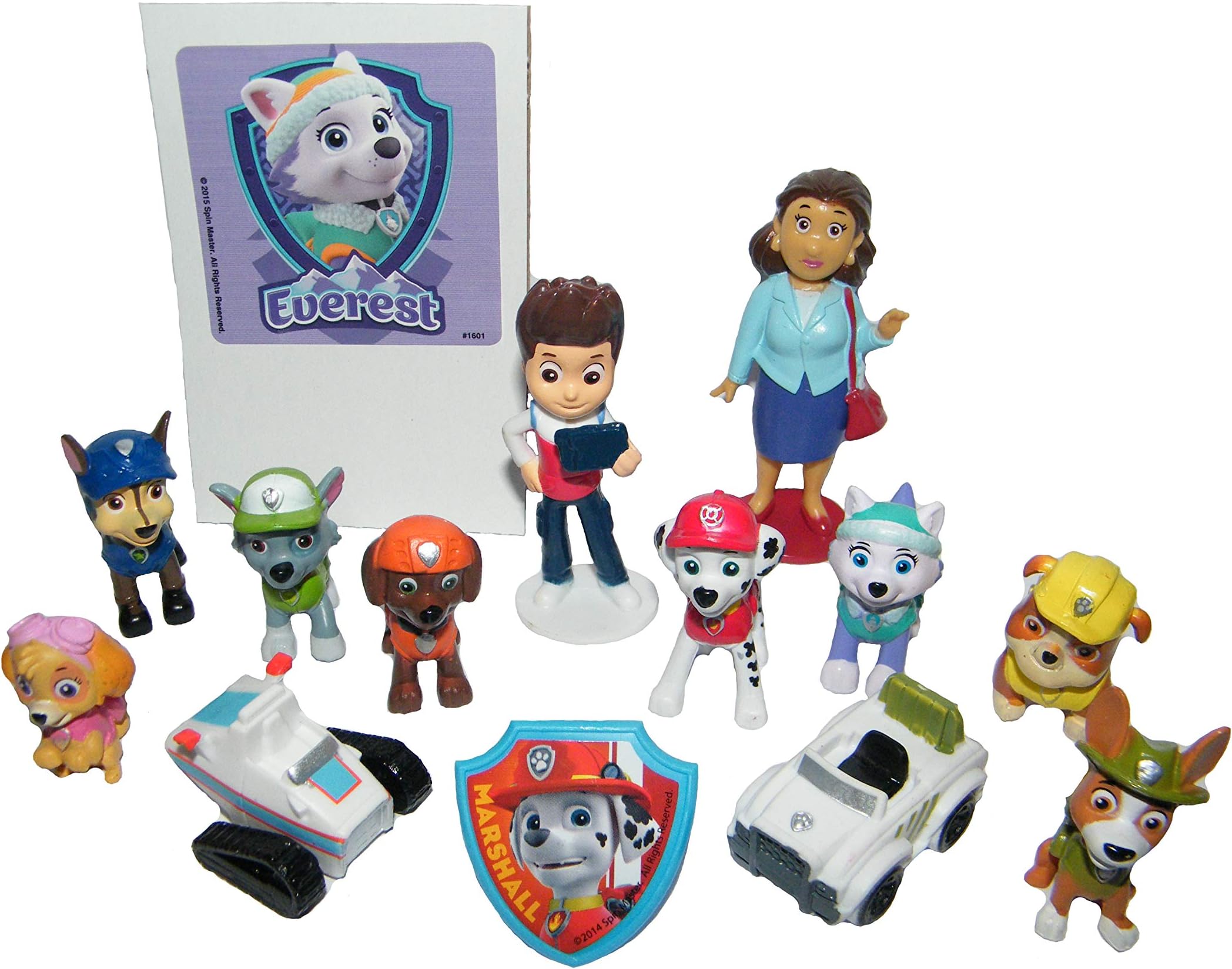 Paw Patrol Deluxe Party Favors Goody Bag Fillers Set of 14 with Old and New Figures Like Tracker and Everest, New Vehicles, Special Sticker and PAW ToyRing
