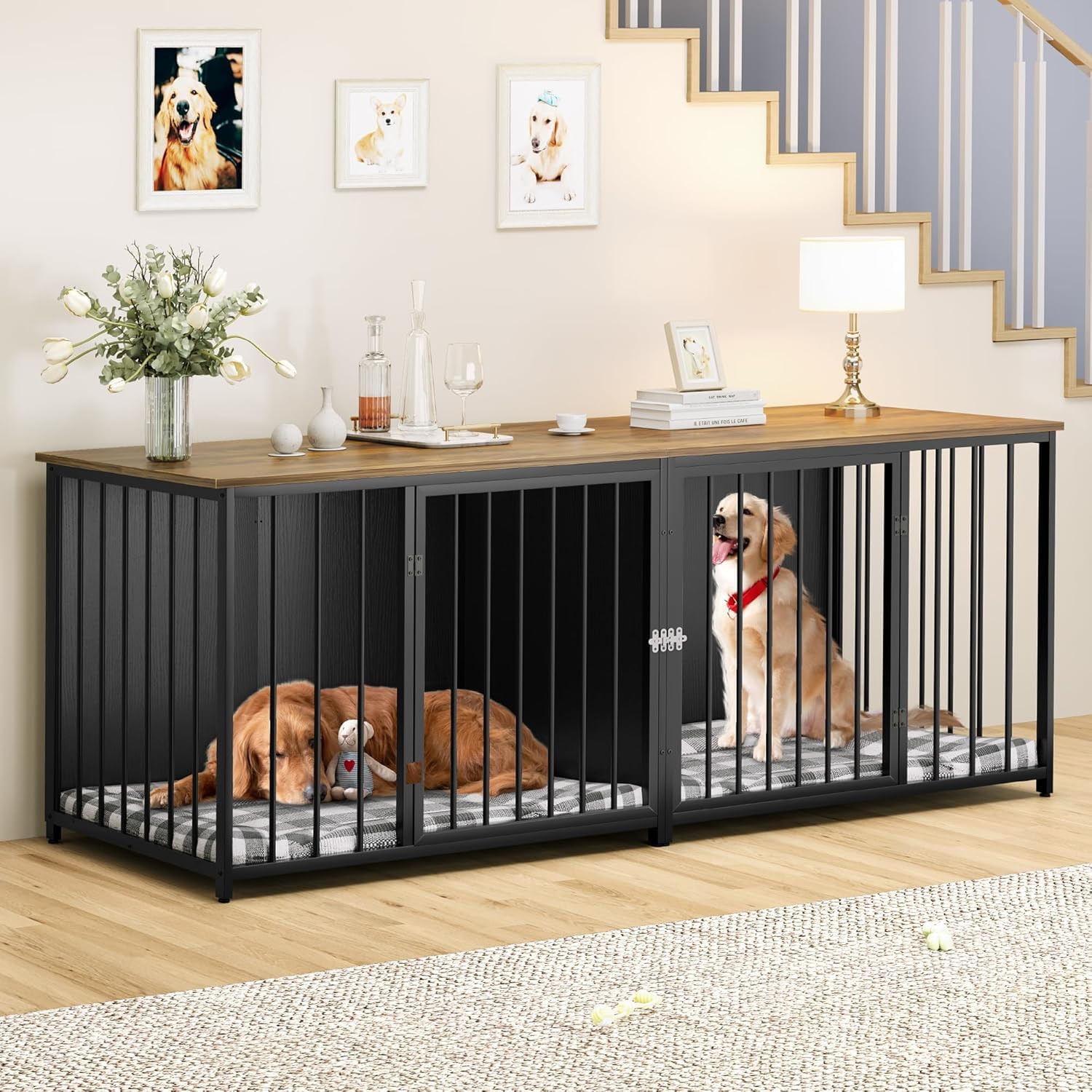 Photo 1 of ***SINGLE CAGE***YITAHOME Double Dog Crate Furniture, 80.2 inch Large Breed Dog Kennel with Divider, Heavy Duty Dog House TV Stand Indoor for 2 Medium Dogs, Black