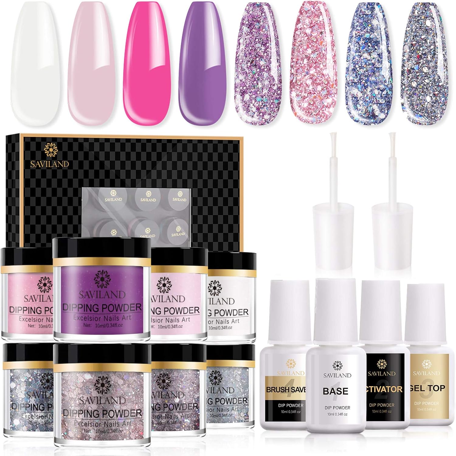 Saviland Dip Powder Kit Glitter Dipping Powder Nail Starter Kit 8 Color Dip Nail Kit System