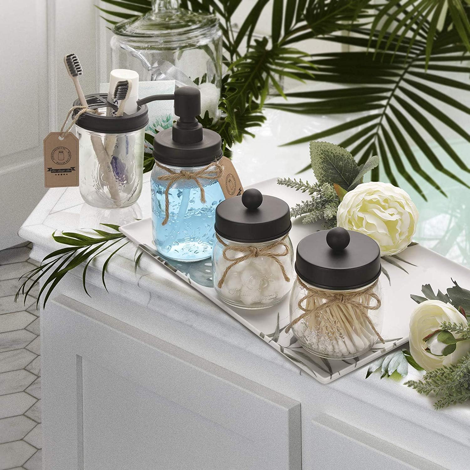 Mason Jar Bathroom Accessories Set 4 Pcs - Mason Jar Soap Dispenser & 2 Apothecary Jars & Toothbrush Holder - Rustic Farmhouse Decor, Bathroom Home Decor, Countertop Vanity Organize - Black: Home & Kitchen