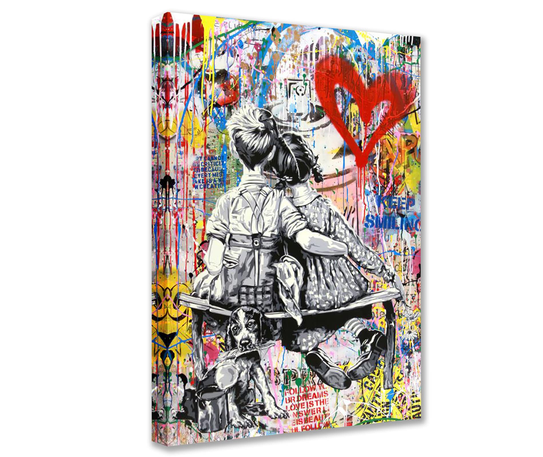 Street Art Canvas Paintings Graffiti Banksy Wall Art Abstract Little Boy and Girl Pictures Modern Artwork Home Decor for Living Room Bedroom Office Framed Easy to Hang 16x24inch x1 Piece