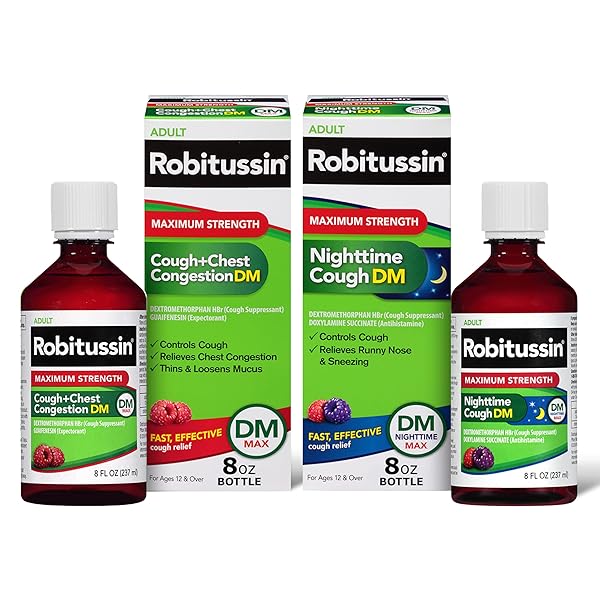 ROBITUSSIN DM MAX COUGH PLUS CHEST CONGESTION AND ROBITUSSIN MAXIMUM STRENGTH NIGHTTIME COUGH DM, ADULT FORMULAS – 2 X 8 FL OZ BOTTLES