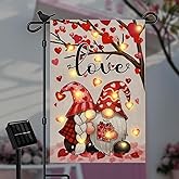 Lighted Valentine Day Garden Flag for Outside 12x18 Gnomes Solar Yard Flag with 8 Twinkle Modes for Patio Lawn Outdoor Decoration