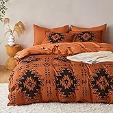 Wake In Cloud - Western Comforter Set, Boho Southwestern Rustic Farmhouse Style with Aztec Geometric Block Pattern, Soft Lightweight Bedding, 3 Pieces, Burnt Orange, Queen Size