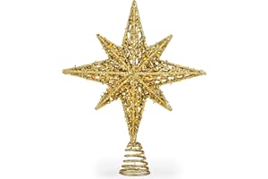 NORTHPOLEXPRESS 8 Inch Bethlehem Glitter Gold Star Christmas Tree Topper | Christmas Tree Toppers | Christmas Star Tree Topper | Rustic Tree Toppers Christmas Decorations | Christmas Tree Topper Star For 3-6 ft Trees