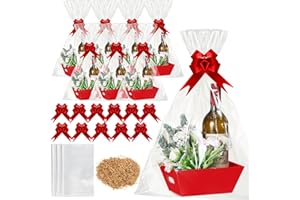 Fulmoon 20 Set Christmas Empty Gift Baskets for Gifts Wrapping Kraft Basket with Cellophane Wrap Bows Clear Bags Raffia for W
