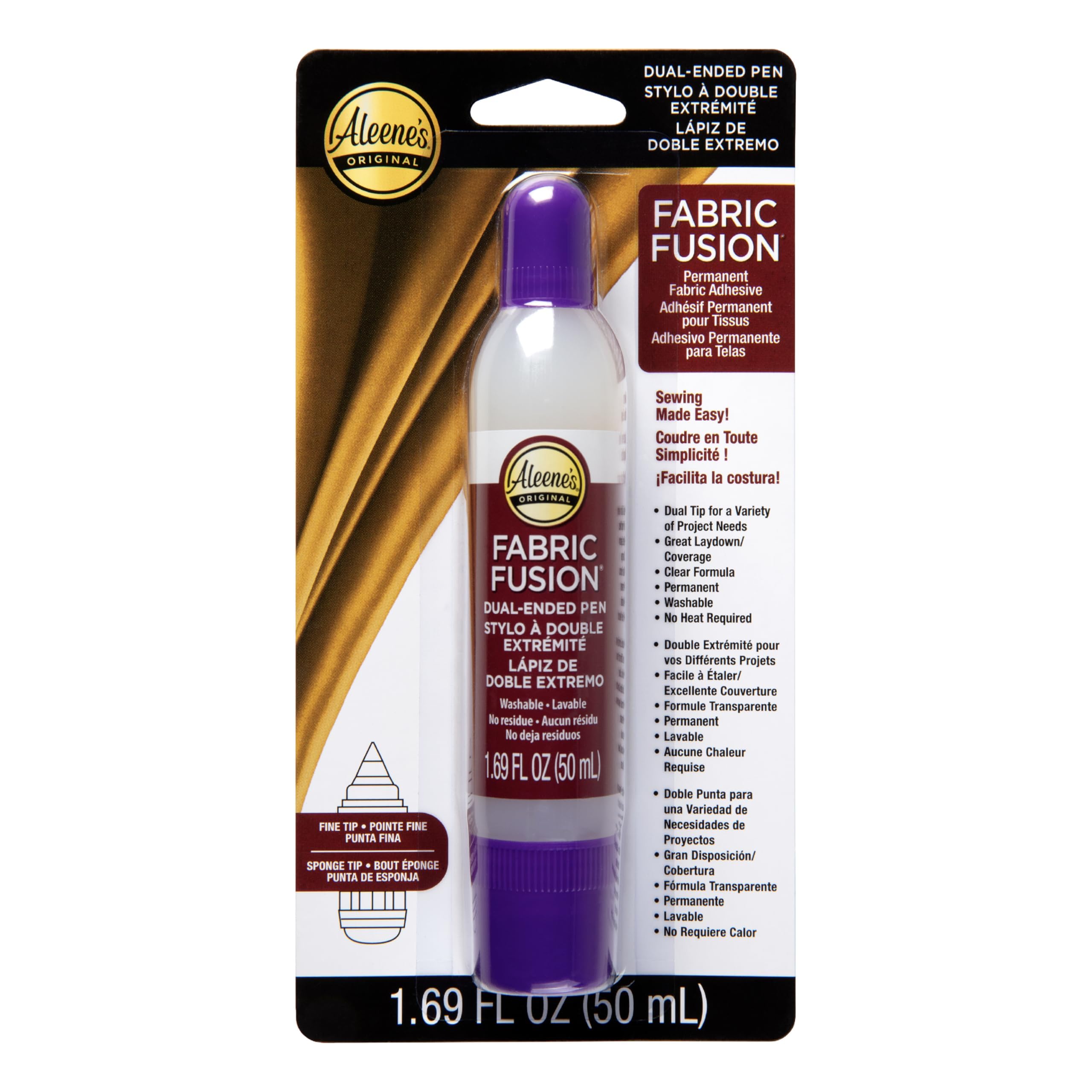 Aleene's Fabric Fusion Glue 1.6 oz Dual-Ended Pen, Fine Tip & Sponge Tip, Nontoxic, Permanent and Washable Adhesive, Dries Flexible, Strong Bond on Fabrics, Patches, Clothing, Denim, Materials