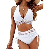 Blooming Jelly Women High Waisted Bikini Sets Tummy Control Swimsuits Color Block 2 Piece Bathing Suit (XXL, White- New)