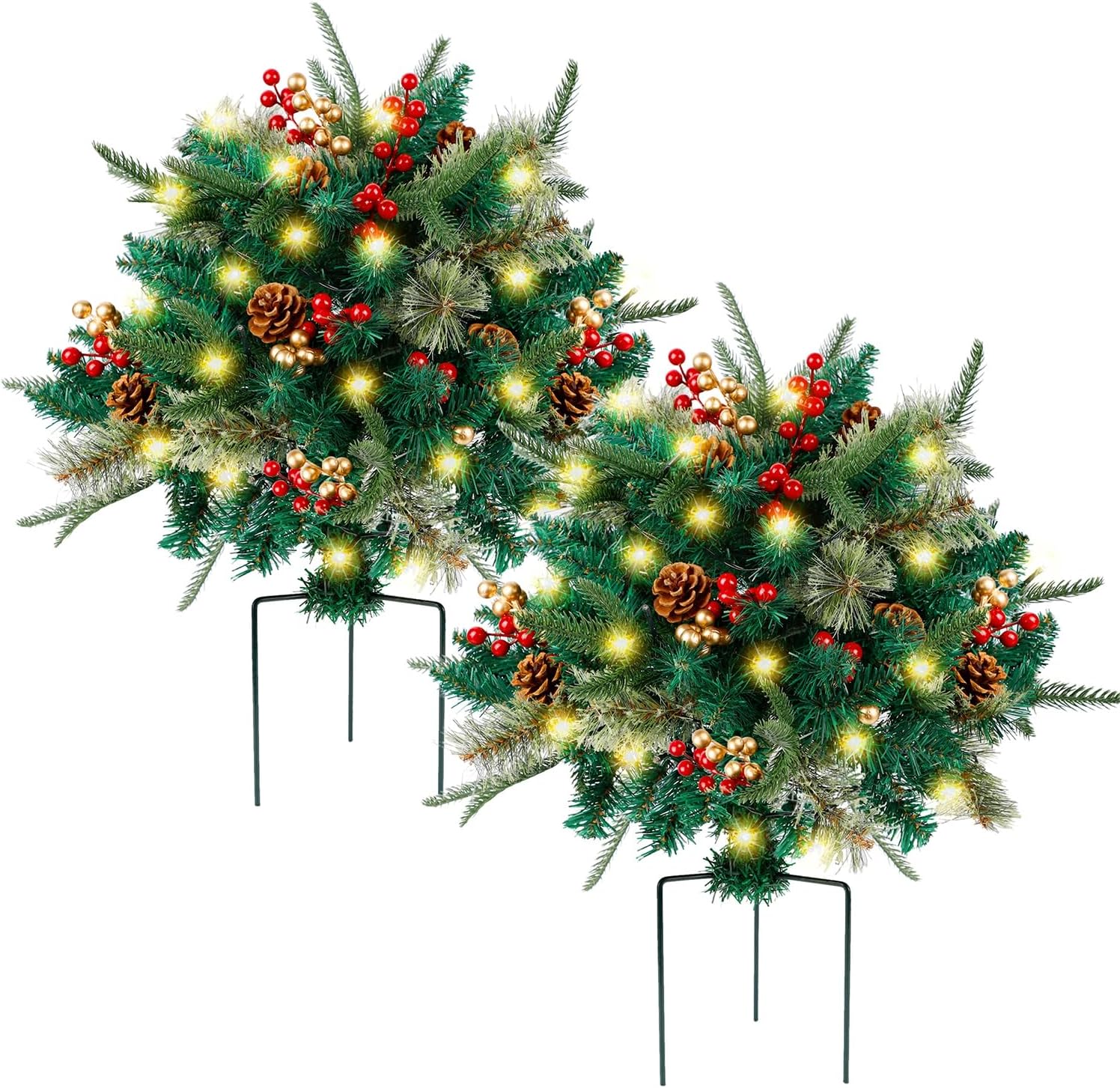 Trees - Glintoper Lighted Artificial Christmas Urn Filler, Pre-lit Xmas Pine Trees with Cones, Golden & Red Berries, Tripod Stake and 60 LED Lights, Outdoor Light Up Planter Filler Holiday Home Decor, 2 Pack