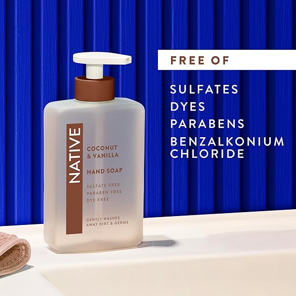 NATIVE LIQUID HAND SOAP, COCONUT & VANILLA SCENT, NON-DRYING FORMULA FOR SOFT, SMOOTH HANDS, MADE WITH PLANT-BASED CLEANSERS, SULFATE & PARABEN FREE, 13 OZ BOTTLE