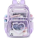 ASKSKY Clear Backpack for School Girls, Cute Heavy Duty PVC Transparent Bookbag, See-Through Bag for Stadium Event Purple