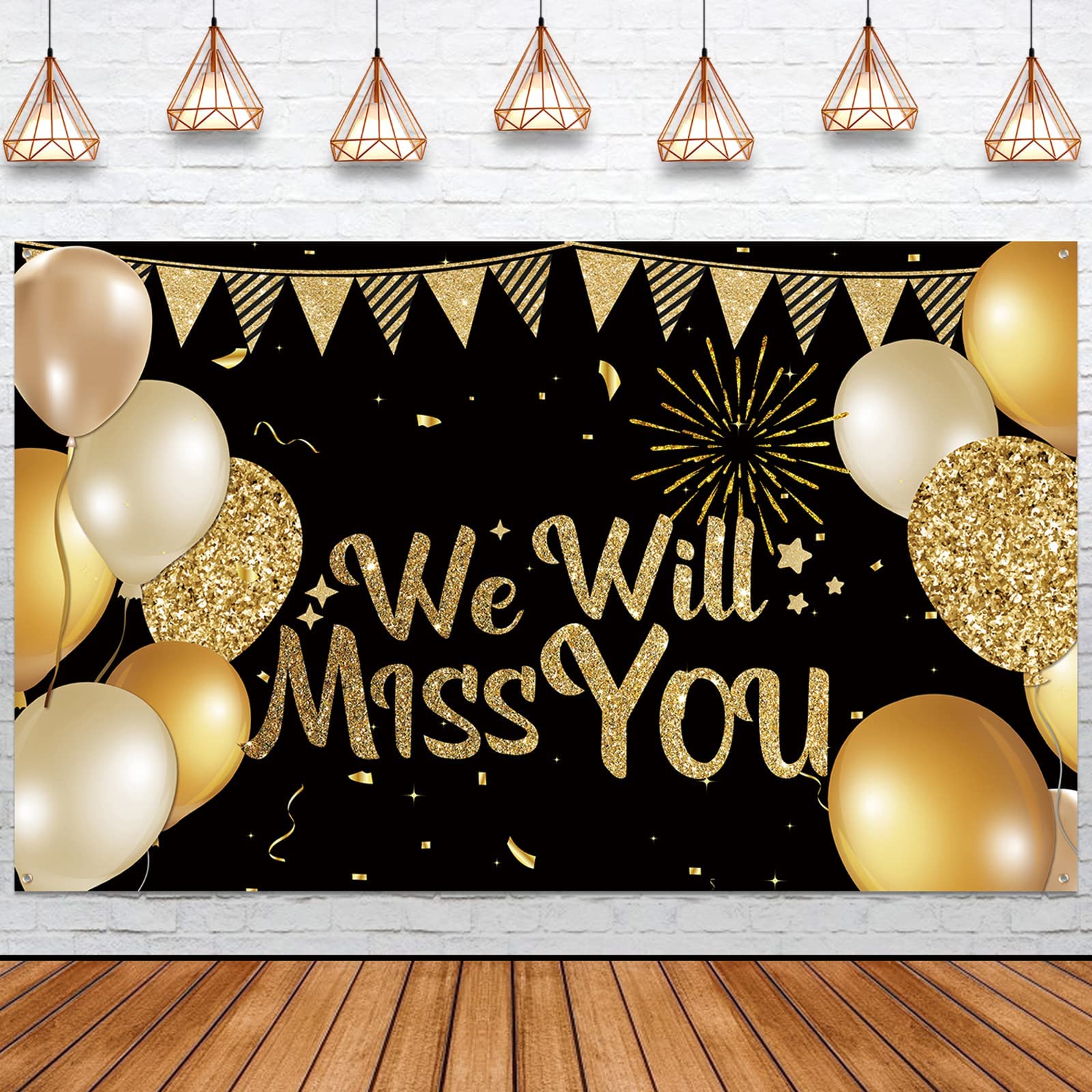 We Will Miss You Banner - Extra Large Black Gold Going Away Party Backdrop Supplies for Retirement, Farewell, Veteran, Anniversary, Graduation, Office Work Party Decorations