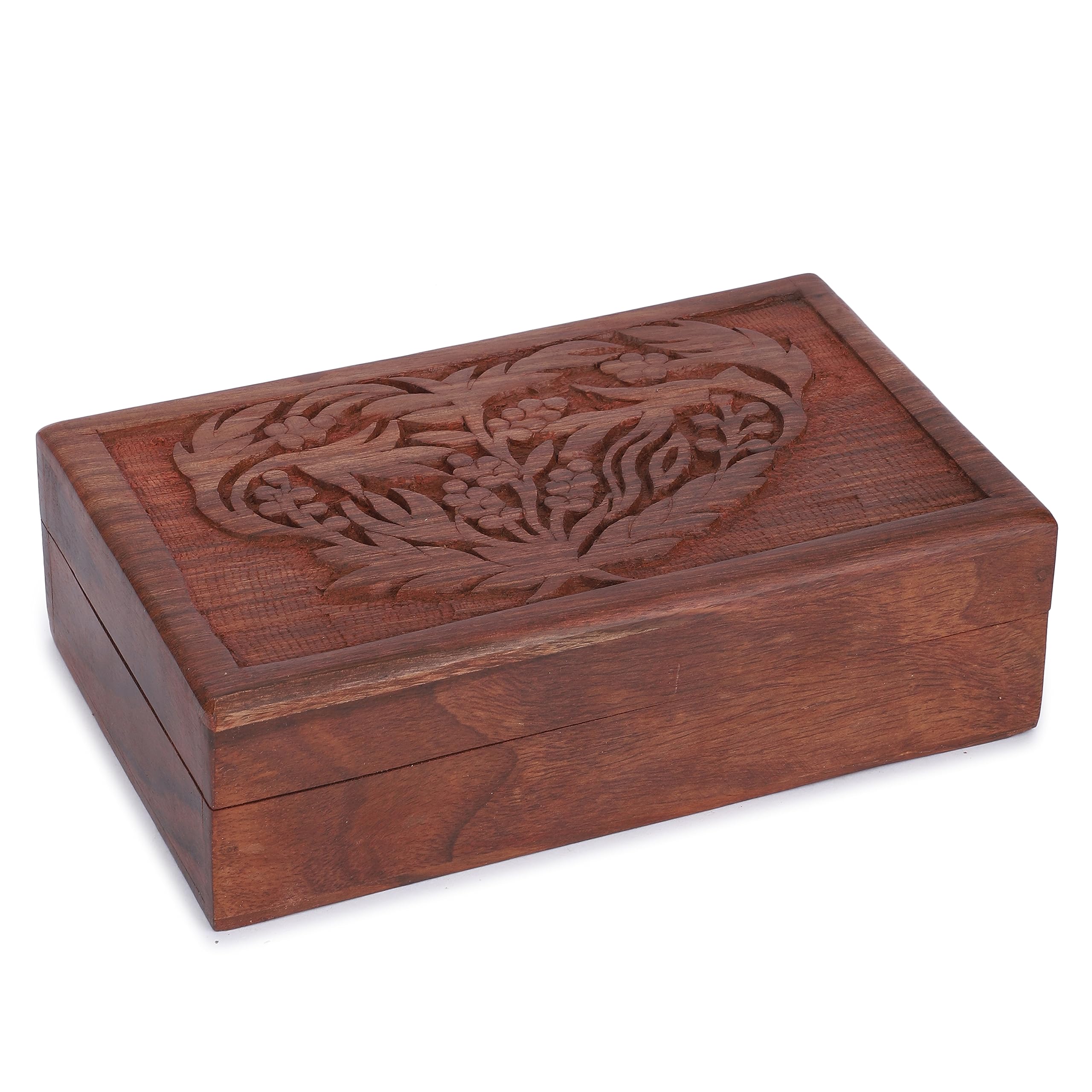 Ajuny Wooden Hand Carved Decorative Jewelry Storage Box Flower Leaf Design Multipurpose Treasure Chest Organizer Travel Keepsake Trinket Holder Watch Box Gifts 8x5 Inch