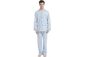 amaxer Mens 100% Cotton Pajamas Set Long Sleeve Pjs Button Fly Pants Soft Elastic Drawstring Waistband Bottoms