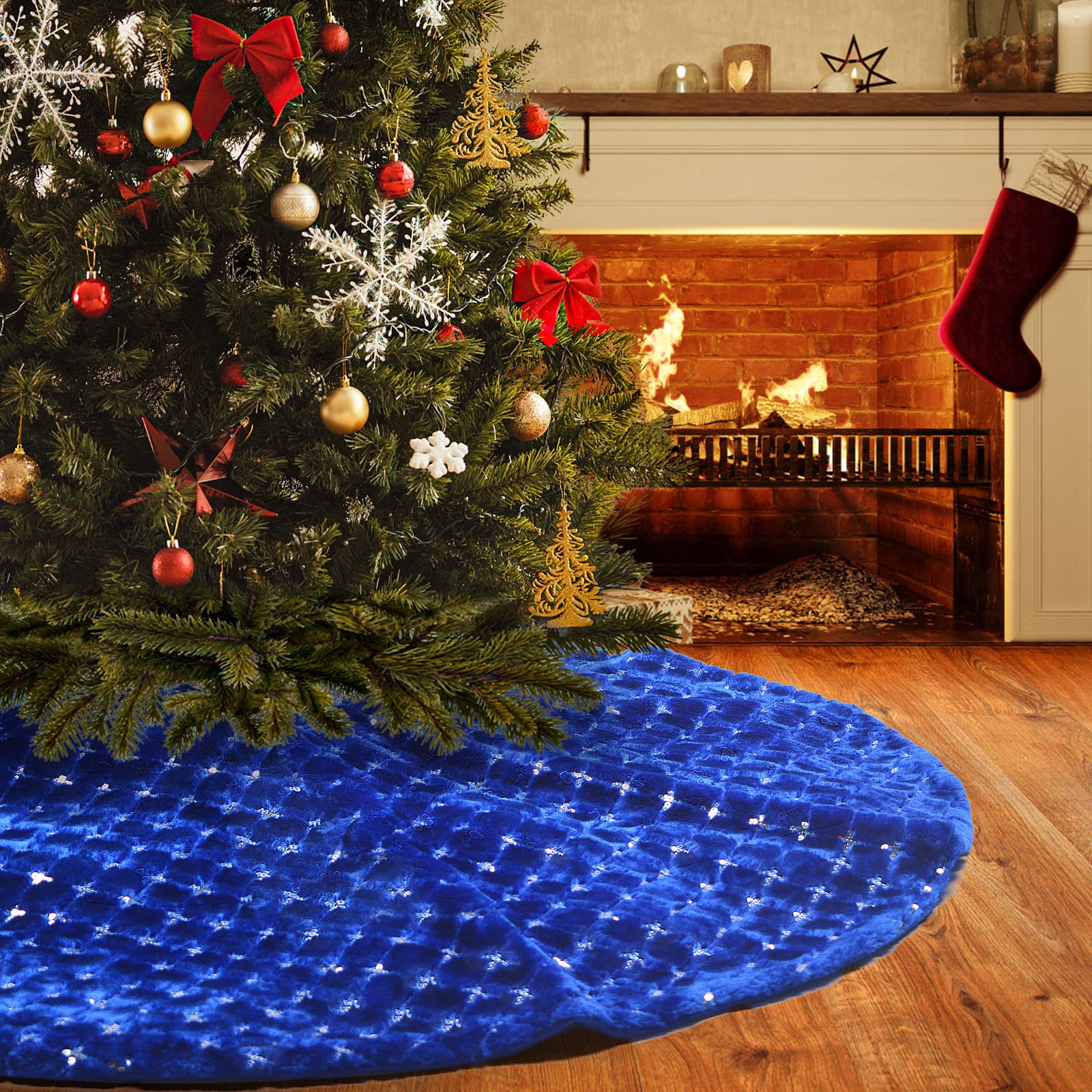 Deggodech 78cm Faux Fur Christmas Tree Skirt Base Cover with Silver Cross Sequins Plush Xmas Tree Skirt Mat for Christmas New Year Party Decoration (Blue, 30inches)