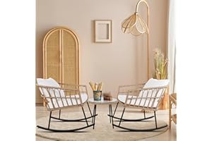 HOMSIDO 3 Pieces Rocking Chairs Set, Boho Indoor Outdoor All Weather Woven Rope Table Set, Tan Wicker Chat Set with White Cushions, Rattan Sets for Balcony, Garden, Front Porch,Indoor,Living Rooms