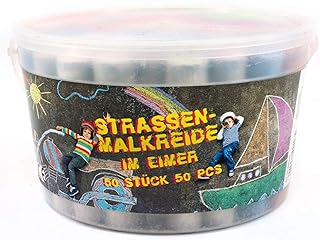 Jamasia 999203 - Strassenmalkreiden 50er im Eimer, 50 Farbige Malkreiden für Strassen mit Pflastersteinen oder Asphalt, Strassenkreide für Kinder ab 3 Jahre