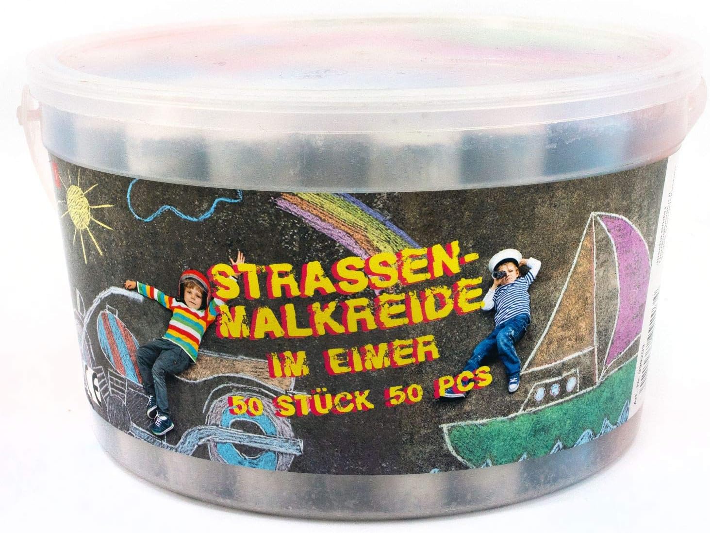 Jamasia 999203 - Strassenmalkreiden 50er im Eimer, 50 Farbige Malkreiden für Strassen mit Pflastersteinen oder Asphalt, Strassenkreide für Kinder ab 3 Jahre