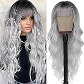 VOZIFAXIU Gray Wig with Bangs for Women 26 Inch Long Wavy Silver Wigs Synthetic Heat Resistant Wig for Daily Party Use
