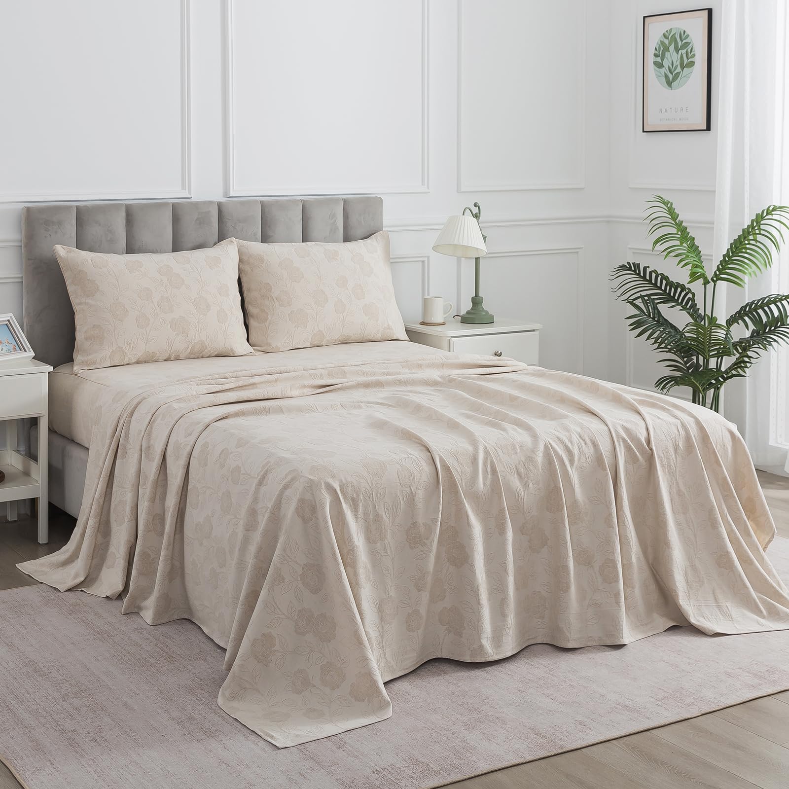 Photo 1 of Puralens Beige Floral Linen Sheets King Size, Shabby Rose Patterned Chic Deep Pocket Sheet Set, Soft Crisp Vintage Flower Bed Sheets, Luxury Bedding Sets, 70% Cotton 30% Linen, Natural Color, 4Pcs